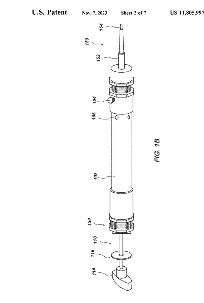Patent drawing Figure 1B — assembled Revedeon elliptical punch biopsy device showing fusiform blade, depth adjustment collar, and cutting head (US Patent No. 11,805,997 B2)